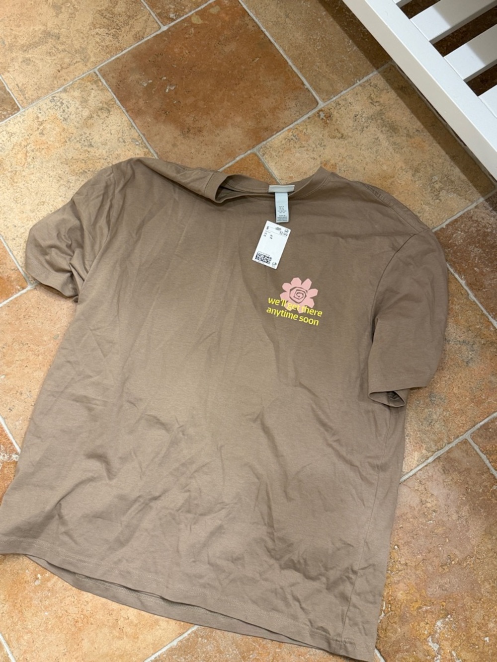 H&M Brown Tee with Pink Flower and Yellow Text